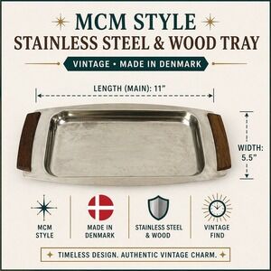 Vintage Danish Modern Stainless Steel 18-8 Serving Tray Wood Handles Denmark